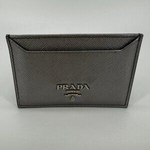 Prada Metallic Silver Saffiano Leather Card Holder